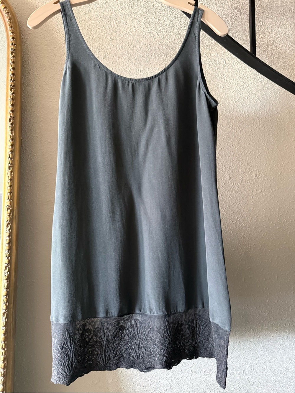 Eileen Fisher Dark Gray Silk Tank Lace Detailing